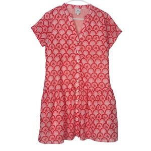 j. marie Women's Red Fan‎ Pattern Tiered Button Down Shirt Dress XS Pockets